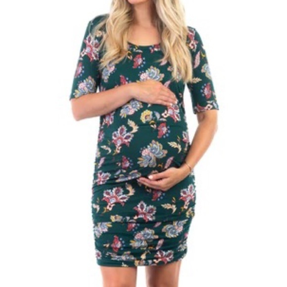Motherbee Maternity Blue Floral Dress with Side Ruching, size small - Picture 3 of 9